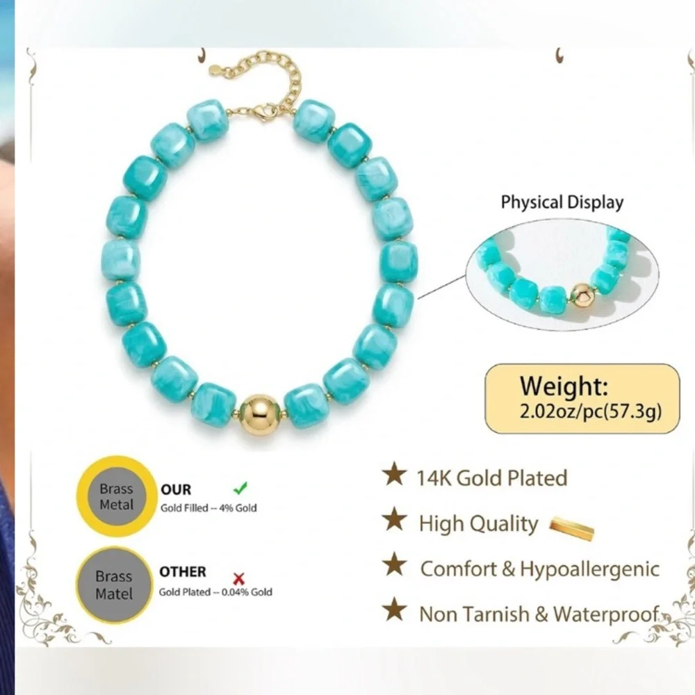 Turquoise Ocean Blue Bead Statement Necklace - Gold Accent new